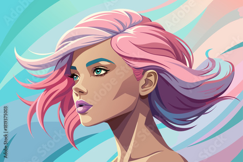 vector of A stunning profile shot featuring a model with soft pink hair against a smooth pastel background that exudes beauty and elegance in a relaxed atmosphere.