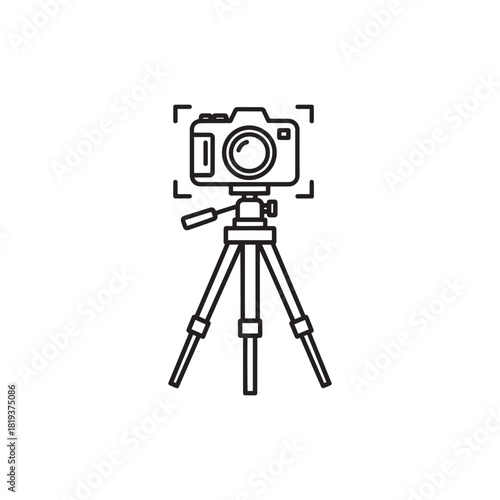 Line art icon of a digital camera on a tripod with focus frame, representing photography and video production