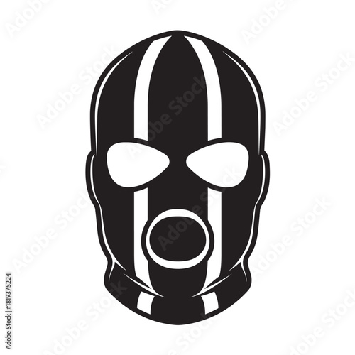 Black and white balaclava ski mask with white stripes, a graphic illustration of headwear, isolated on