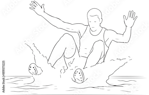 Line art illustration of a man falling into water creating a splash simple vector drawing on white background