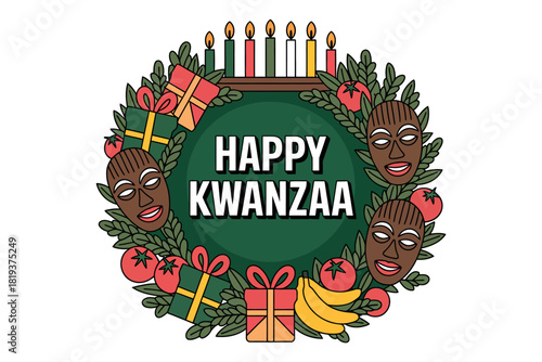 Happy Kwanzaa wreath decoration with candles, gifts, and African masks.