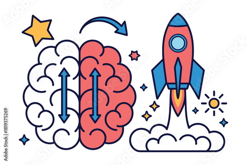 Illustration of a brain transforming into a rocket ship symbolizing innovation and launch.