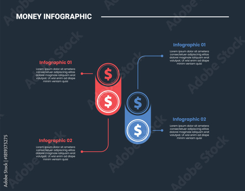 Financial money infographic process diagram with round rectangle ellipse opposite direction with dark background bright outline style 2 points