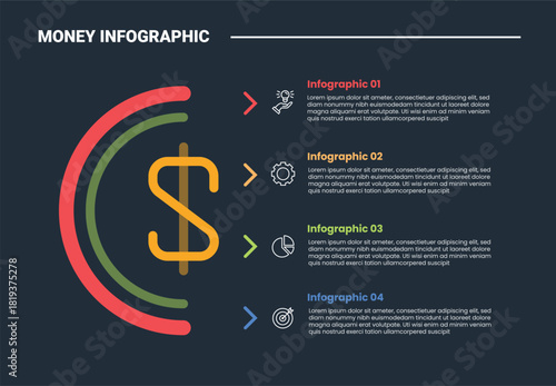 Financial money infographic process diagram with big dollar sign with half circle cut with arrow stacked list with dark background bright outline style 4 points