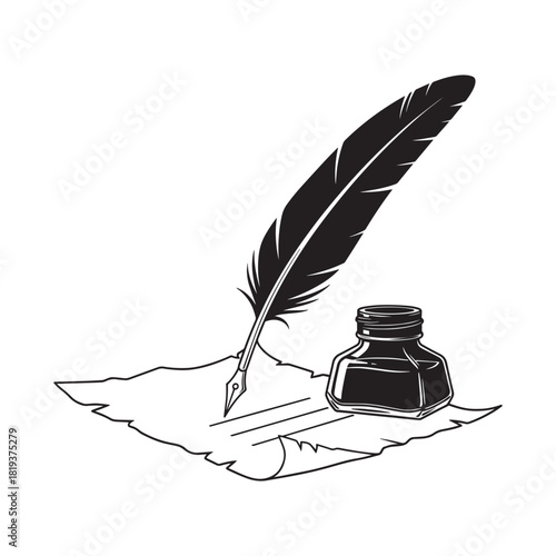 Quill pen, ink bottle, and paper sheet for writing, isolated on