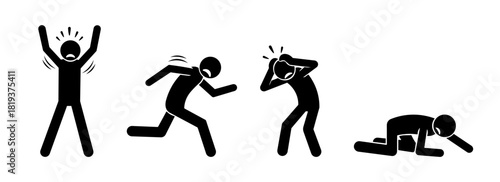 Panic and Fear Stickman Silhouettes – Running, Screaming, Shocked, and Collapsing Human Figures Icon Set.