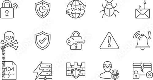 Cyber, Security, Protection, Hacking, Threat, Virus, Phishing, Data, Outline, Icon, Vector, Network