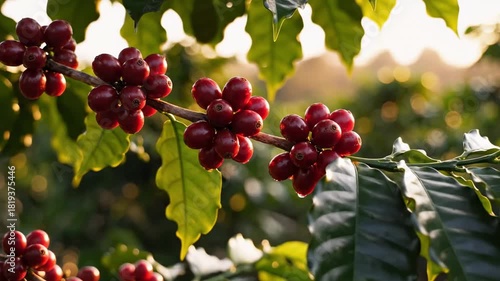 A coffee plant branch with clusters of ripening red coffee cherries lush leaves and sundappled background