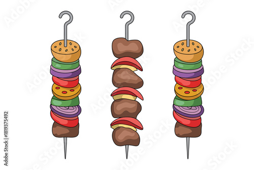 Three skewers of colorful food items hang against a white background.