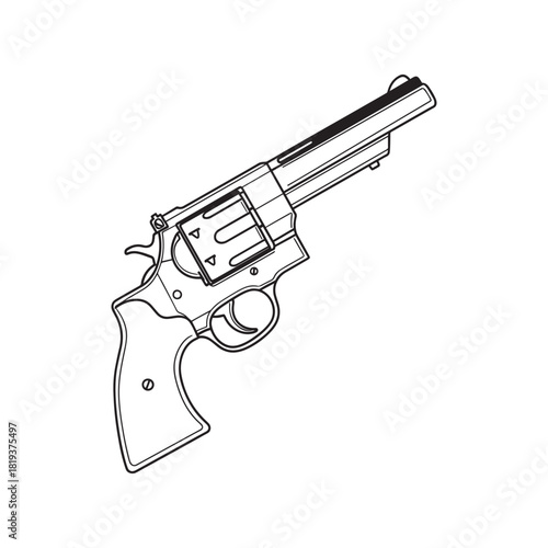 Classic revolver handgun line art illustration, detailed firearm outline, isolated on