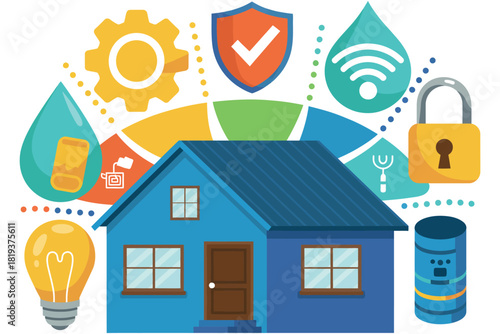 A blue house is surrounded by icons representing smart home technology and security features.