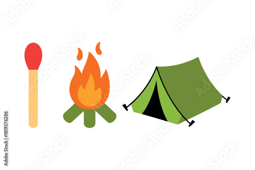 A match, campfire, and tent represent elements of camping.