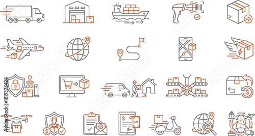 Shipping, Logistics, Delivery, Global, Transport, E-commerce, Supply, Chain, Outline, Icon, Vector, Service