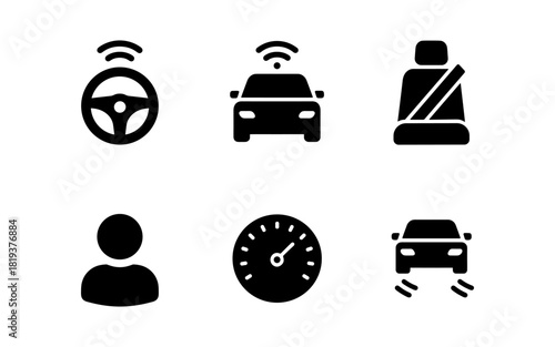 Minimalist automotive icons: safety, navigation, control, and performance