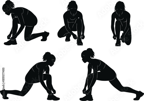Silhouette, person tying shoelaces, athletic preparation, fitness routine, running gear, kneeling pose, squatting, stretching, workout start, sportswear action