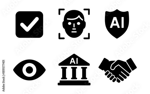 Ai technology icons: face recognition, security, and automation symbols in black silhouette style