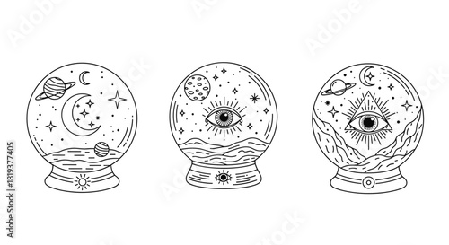 An enchanting collection of three magic crystal balls with celestial symbols like the moon planets and all-seeing eye in line art.
