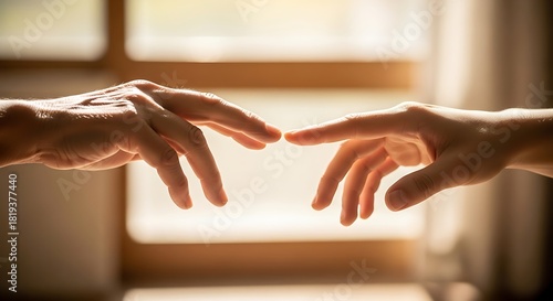 Fingertips nearly touching in a bright window light showing connection and intimacy of human hands in a soft studio
