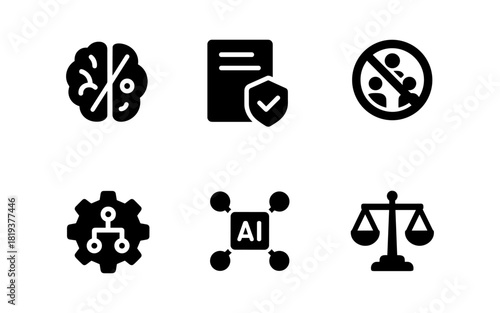 Black icon set: ai, brain, privacy, and justice symbols in minimal design