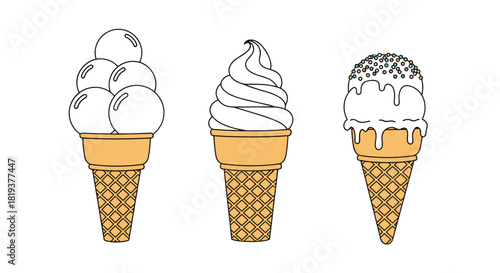 A cute collection of three different ice cream cones including soft serve scoops and sprinkles in a simple and clean line art style.