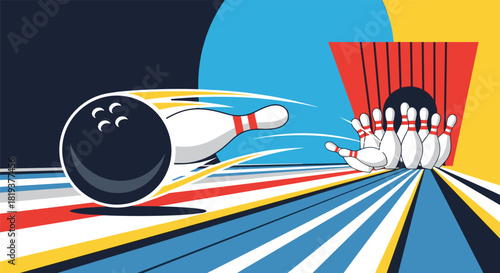 A dynamic and colorful retro-style illustration of a bowling ball speeding down the lane to crash into the pins for a strike.