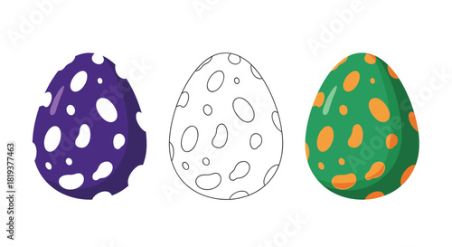 A colorful set of three spotted dinosaur eggs including a purple one a green one and a black and white outline for coloring.
