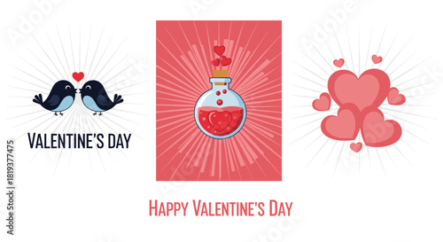 A romantic set of three happy Valentine's Day illustrations featuring kissing lovebirds a magic love potion and floating hearts.