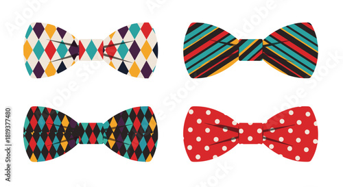 A stylish collection of four colorful and patterned bow ties with various designs like diamonds stripes and polka dots for fashion.