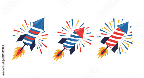 A festive set of three exploding firework rockets in patriotic red white and blue colors for a 4th of July celebration.