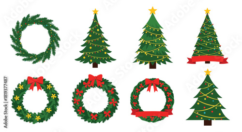 A festive collection of beautifully decorated Christmas trees and holiday wreaths with bows lights and stars for winter celebrations.