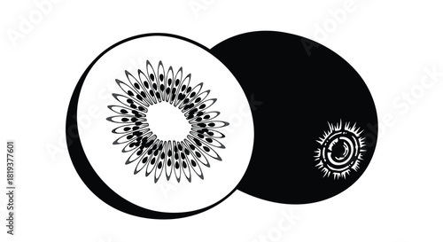 A stylized black and white graphic illustration of a whole and sliced kiwi fruit showing its seeds in a modern abstract style.