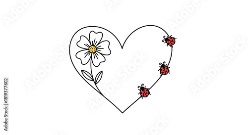 A lovely hand-drawn heart-shaped frame made from a flower stem with three cute ladybugs crawling on it for a romantic design.