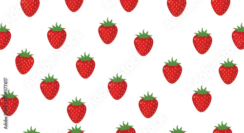 A bright and cheerful seamless pattern of fresh red strawberries with green leaves scattered across a clean white background.