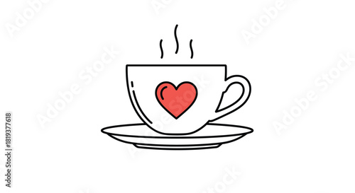A lovely line art icon of a steaming hot cup of coffee or tea on a saucer with a red heart symbolizing love for coffee.