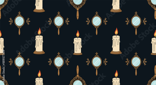 A mystical seamless pattern featuring vintage hand mirrors and lit candles with melting wax on a dark background for magical themes.
