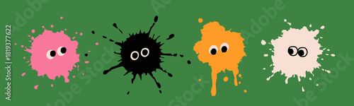 Colorful Ink splatter set. Cute abstract characters with eyes. Bright liquid stains, burst, spots, drops, dots. Paint splashes. Hand drawn trendy Vector illustration. Isolated design elements