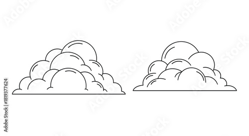 A simple and clean black and white line art illustration of two puffy cumulus clouds representing weather or sky concepts.