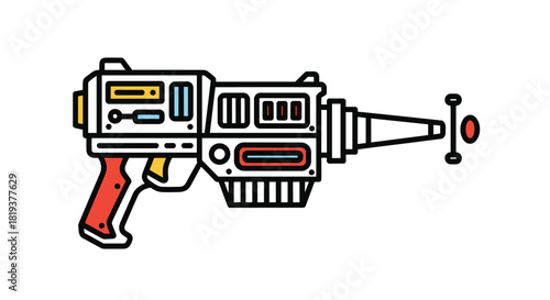 A colorful and quirky cartoon illustration of a retro-style science fiction ray gun or laser blaster in a fun flat design.