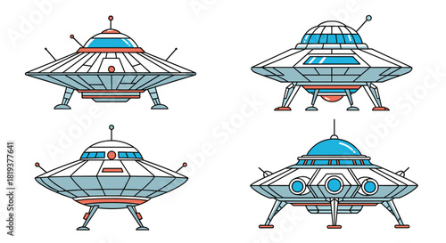 A collection of four different retro-style flying saucer UFOs with various designs in a classic science fiction line art style.