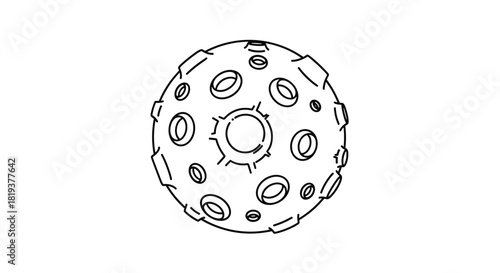 A simple black and white line art icon of a spherical space station or futuristic weapon resembling the famous Death Star.