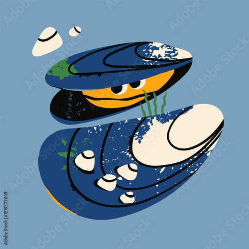 Sea Mussel, clam, shellfish. Cartoon style cute character with eyes. Hand drawn trendy Vector illustration. Sea or ocean creature, natural fresh seafood concept. Isolated design element