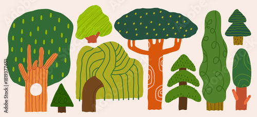Set of various trees. Different types, shapes, colors, textures. Cartoon, childish Scandinavian style forest trees. Hand drawn trendy Vector illustration. Isolated design elements 