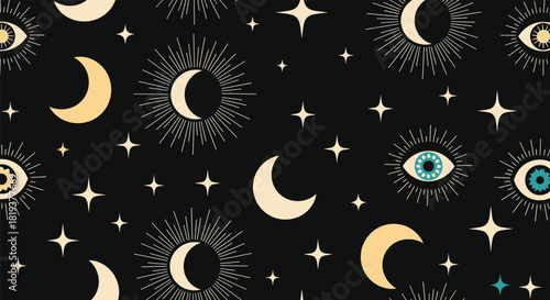 A mystical seamless pattern of celestial symbols including crescent moons all-seeing eyes and stars on a black night sky background.