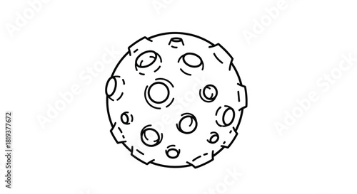 A simple black and white line art icon of a planet moon or asteroid with many craters in a minimalist cosmic design.