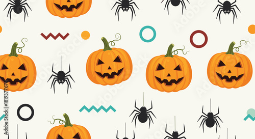 A festive seamless Halloween pattern featuring cute carved jack-o'-lantern pumpkins spooky spiders and abstract geometric shapes for parties.