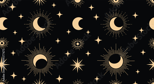 An enchanting seamless pattern of golden celestial symbols like crescent moons stars and eyes on a deep black background design.