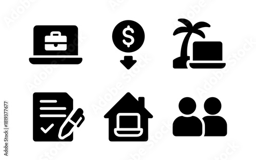 Business and leisure icons: laptop, dollar, palm, document, house, people in silhouette style