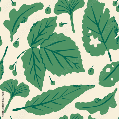 Various whole green leaves and chewed by insects. Damaged leaves with holes due to being eaten. Hand drawn modern Vector illustration. Square seamless Pattern, background, wallpaper 