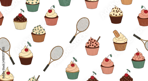 A playful seamless pattern of delicious decorated cupcakes and classic wooden tennis rackets on a simple white background design.