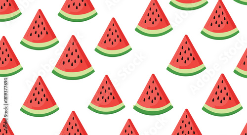 A refreshing seamless summer pattern of juicy red watermelon slices with black seeds on a simple and clean white background.